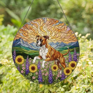 Boxer Dog Wildflower Mountain Tiffany Style Art - Jewel Tone Brindle Dog Lover Gift Stained Glass Suncatcher