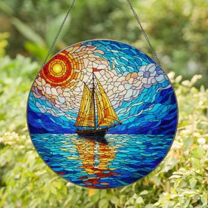 Graceful Sailboat Tiffany Style Translucent Stained Glass Jewel Tone Sun Ocean Sky Stained Glass Suncatcher
