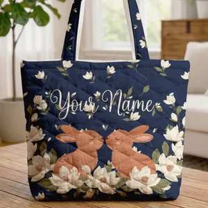 Nuzzling Baby Bunnies Magnolia Leaves Blossoms Floral Wreath - Wildlife Lover Gift Quilted Tote Bag