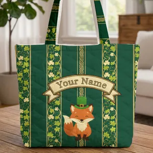 Fox Leprechaun Hat Your Name Text Celtic Knot Shamrock - St. Patrick's Day Gift Quilted Tote Bag