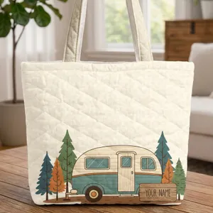 Vintage Camper Van Evergreen Trees Pine Needles - Rustic Outdoor Adventure Gift Quilted Tote Bag