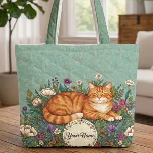 Orange Tabby Cat Floral Wreath Garden - Cat Lover Home Decor Gift Quilted Tote Bag
