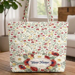 Oval Medallion Patriotic Floral Bouquet Independence Day Personalized Gift Quilted Tote Bag