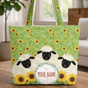 Personalized Sheep Sunflowers Wildflowers - Farmhouse Animal Lover Gift Quilted Tote Bag