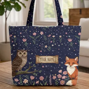 Owl Fox Wildflower Meadow Nocturnal Night Sky Twinkling Stars - Wildlife Lover Gift Quilted Tote Bag