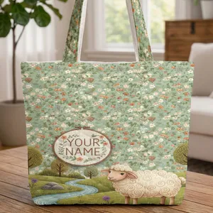 Adorable Sheep Wildflower Clover Field - Storybook Nature Lover Gift Quilted Tote Bag