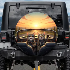 Happy Tabby Cats Road Trip Sunset - Cat Lover Adventure Gift Spare Tire Cover