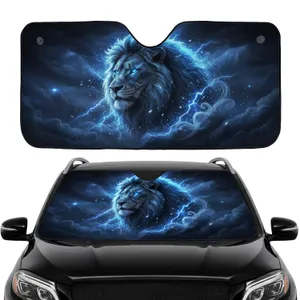Lion Head Glowing Electric Blue Eyes Lightning Stormy Sky - Wildlife Lover Gift Car Sunshade
