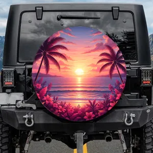 Shimmering Tropical Ocean Sunset Palm Trees Dramatic Pink Purple Sky Spare Tire Cover