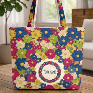 Personalized Storybook Crocheted Flowers Wreath - Everyday Lifestyle Gift Quilted Tote Bag