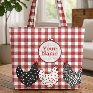 Farm Chickens Gingham Checks Name Hoop - Farmhouse Decor Chicken Lover Gift Quilted Tote Bag