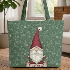 Personalized Festive Gnome Winter Foliage Snowflakes Christmas Gift Quilted Tote Bag
