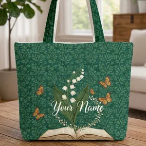 Open Antique Book Lily of the Valley Butterflies Botanical Wreath - Everyday Carry Gift Quilted Tote Bag