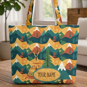 Personalized Name Plaque Tipi Mountain Forest Sun Moon - Everyday Carry Gift Quilted Tote Bag