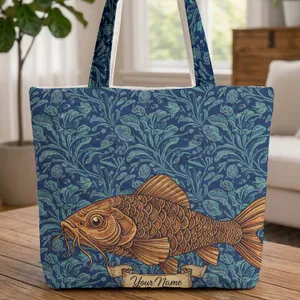 Ornate Fish Water Ripple Name Scroll - Everyday Carry Gift for Fish Lover Quilted Tote Bag