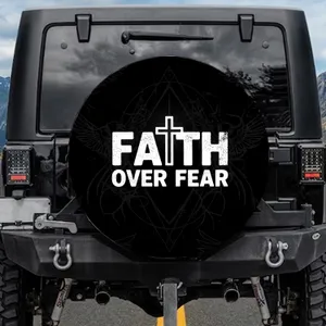 FAITH OVER FEAR Cross Text - Christian Lifestyle Spiritual Strength Gift for Believers Spare Tire Cover