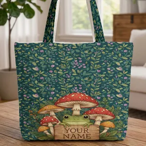 Green Frog Toadstools Mushroom Forest Foliage - Wildlife Lover Gift Quilted Tote Bag