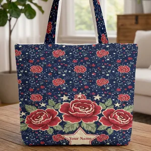 Patriotic Floral Red Roses White Stars Filigree Star Cartouche Everyday Carry Gift Quilted Tote Bag
