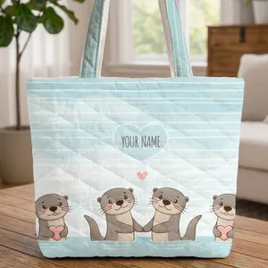 Four Otters Pink Hearts Personalized - Wildlife Lover Everyday Carry Gift Quilted Tote Bag
