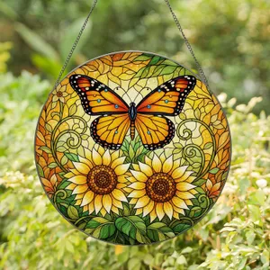 Monarch Butterfly Sunflowers Rich Botanical Garden - Home Decor Gift for Wildlife Lovers Stained Glass Suncatcher