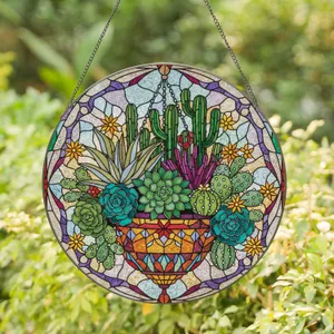Cactus Succulent Hanging Planter Pot Home Decor Gift for Plant Lover Stained Glass Suncatcher