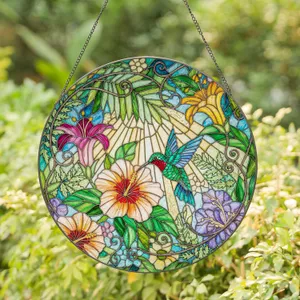 Hummingbird Hibiscus Floral Garden Stained Glass - Home Decor Gift for Nature Lover Stained Glass Suncatcher