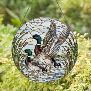 Ducks Mid-Flight Walking Marsh Pond Reeds Cattails - Wildlife Lover Home Decor Gift Stained Glass Suncatcher