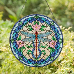Dragonfly Pink Flowers Green Leaves Blue Scrollwork - Home Decor Gift for Wildlife Lovers Stained Glass Suncatcher