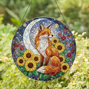 Fox Crescent Moon Sunflowers Celestial Floral Landscape - Wildlife Nature Lover Home Decor Gift Stained Glass Suncatcher