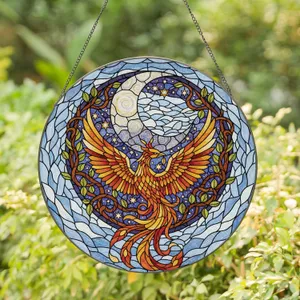 Day Night Crescent Moon Spread Winged Phoenix Leafy Vines - Celestial Home Decor Stained Glass Suncatcher