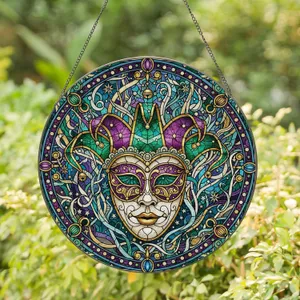 Mardi Gras Jester Mask Stained Glass Elaborate Hat - Ornate Filigree Carnival Decor Stained Glass Suncatcher