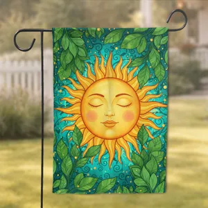 Golden Smiling Sun Wavy Rays Green Teal Leaves Lush Foliage Golden Speckles Home Decor Gift Garden Flag