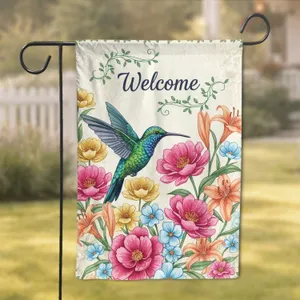 Hummingbird Welcome Lush Garden Fuchsia Pink Lily Flowers - Home Decor Gift Garden Flag