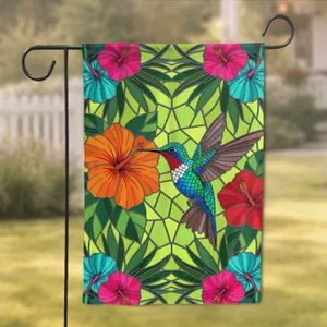 Iridescent Hummingbird Tropical Hibiscus Stained Glass - Wildlife Home Decor Gift Garden Flag