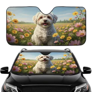 Fluffy White Maltese Dog Blooming Wildflower Field - Car Interior Upgrade for Dog Lovers Car Sunshade