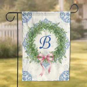 Botanical Wreath Custom Name Pink Bow Chinoiserie - Home Decor Gift Garden Flag