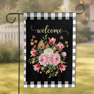 Welcome Tulips Peonies Bumblebees Floral Buffalo Check - Everyday Home Decor Gift Garden Flag