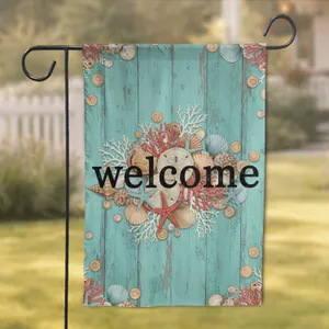 Weathered Wood Welcome Seashells Coastal Home Decor Gift for Beach Lover Garden Flag