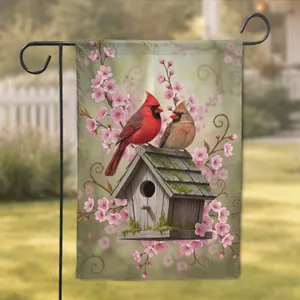 Northern Cardinals Cherry Blossom Birdhouse - Spring Wildlife Home Decor Gift Garden Flag