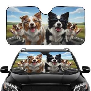 Happy Border Collie Australian Shepherd Dogs Sunny Road Trip Gift for Dog Lovers Car Sunshade