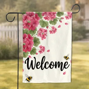Fuchsia Geranium Flowers Green Leaves Welcome Script Bumblebee - Home Decor Gift Garden Flag