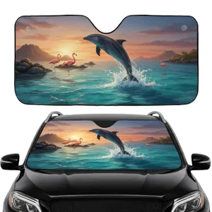 Leaping Dolphin Pink Flamingo Tropical Ocean Sunset - Road Trip Gift Car Sunshade