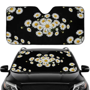 White Floral Daisy Yellow Center Black Background - Car Interior Upgrade Car Sunshade