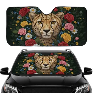 Cheetah Head Golden Eyes Red Rose Floral Car Interior Upgrade Car Sunshade