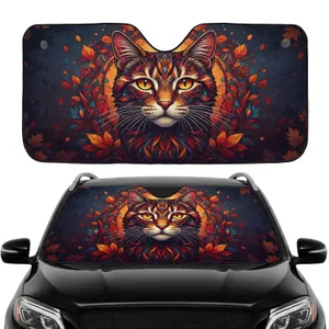 Stained Glass Cat Autumn Leaves Floral - Car Interior Upgrade Cat Lover Gift Car Sunshade