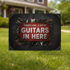 Distressed Red Metal Guitar Sign - Rock and Roll Music Lover Gift Yard Sign