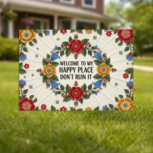 Welcome My Happy Place Floral Wreath - Outdoor Garden Decor Gift Yard Sign
