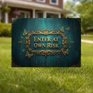 Enter At Your Own Risk Golden Scrollwork Gate - Mysterious Yard Accent Yard Sign