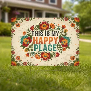 Distressed Happy Place Text Folk Art Flowers - Vintage Home Decor Gift Yard Sign