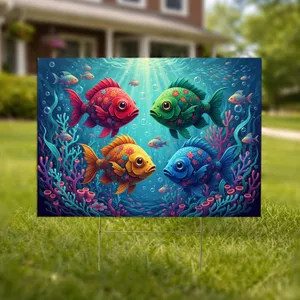 Four Decorative Fish Floral Mosaic Underwater Coral - Ocean Home Decor Gift Yard Sign